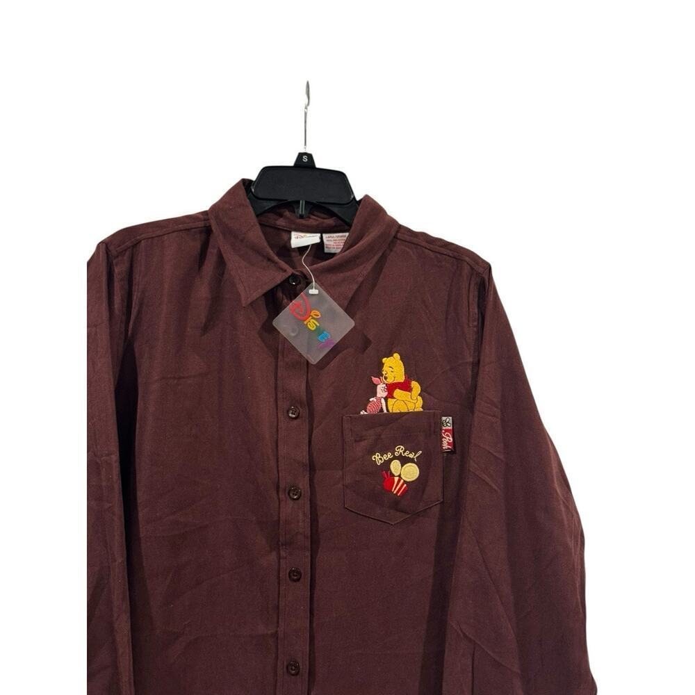 Vintage Disney Winnie the Pooh Shirt L Brown Button Down Embroidered Piglet Bee - Picture 3 of 12